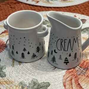 Rae Dunn White Creamer and Sugar Set with Black Tree Design